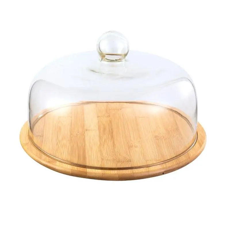 Dustproof Glass Cake Cover with Bamboo Tray