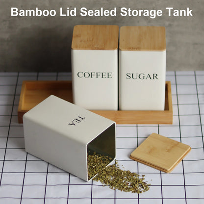 Sealed Metal Tea Storage Box Bamboo Lid Coffee Bean Jar Storage Airtight Containers Coffee Sugar Storage Jars Kitchen Organizer