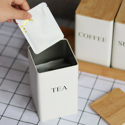 Sealed Metal Tea Storage Box Bamboo Lid Coffee Bean Jar Storage Airtight Containers Coffee Sugar Storage Jars Kitchen Organizer