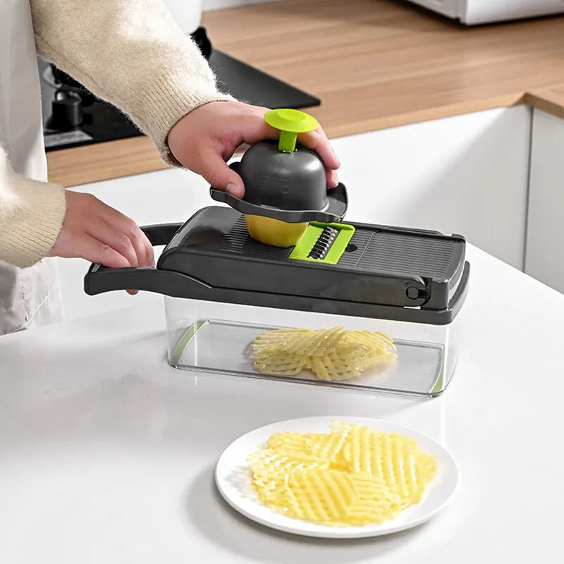 Black 12-in-1 Multifunctional Vegetable Slicer Cutter Grater Shredders With Basket