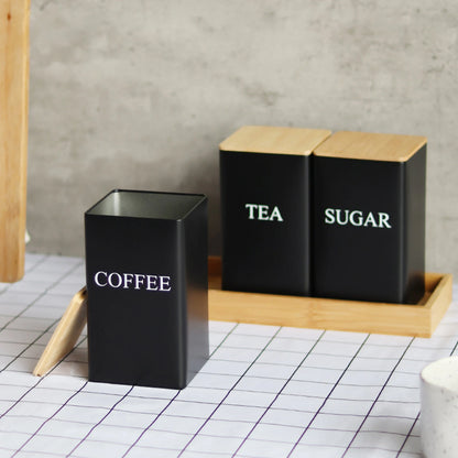 Sealed Metal Tea Storage Box Bamboo Lid Coffee Bean Jar Storage Airtight Containers Coffee Sugar Storage Jars Kitchen Organizer