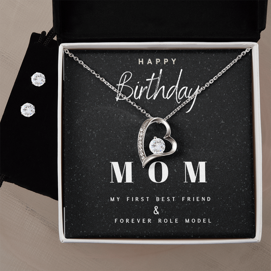 Silver Heart Birthday Necklace and Earrings for Mom with Sweet Message